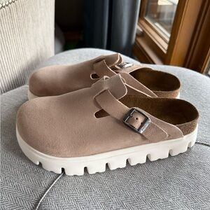 Birkenstock Suede Clog Mules in Taupe with White Platform Sole